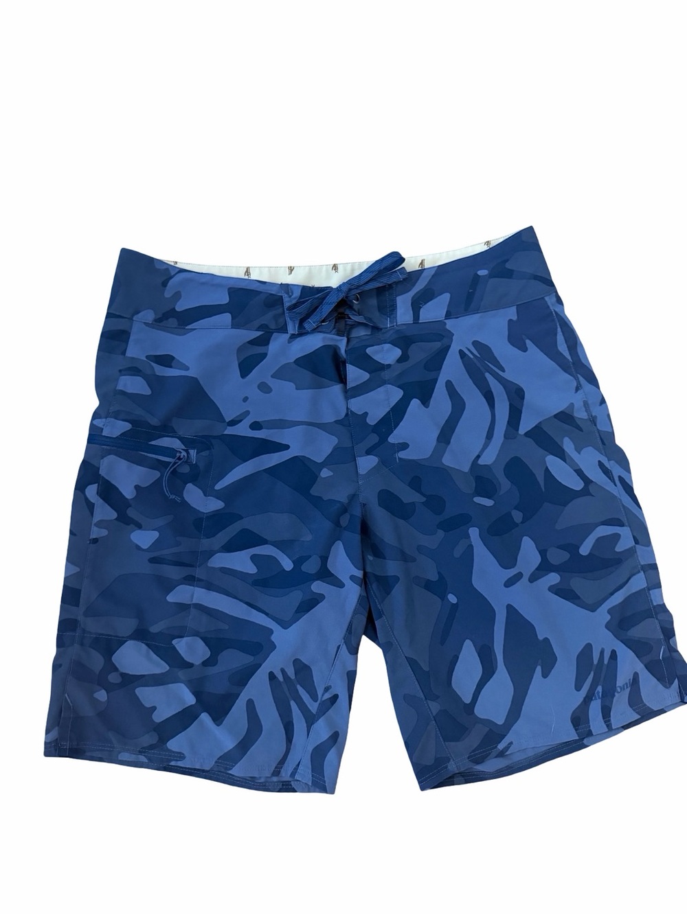 Patagonia Blue Camo Lightweight Swim Trunks Shorts Mens Size 32 Pockets Unlined
